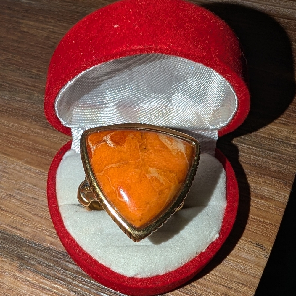 Elegant apple coral stone ring set in Bronze.
